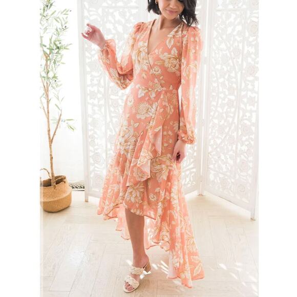 Flying Tomato NWT Peach/Ivory/Taupe Floral High Low V-Neck Midi Dress - Picture 5 of 7